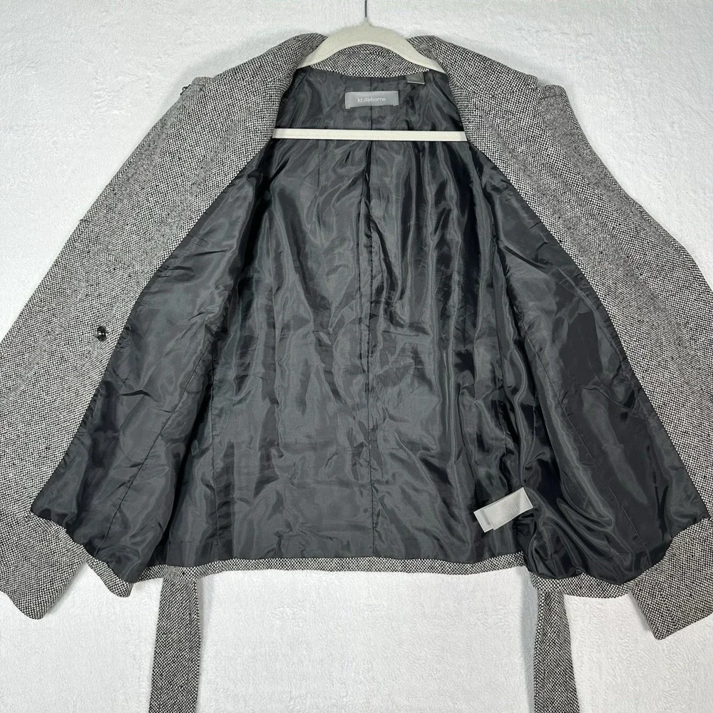 Liz Claiborne Tweed Jacket Wool Blend Belted Gray Large Heritage Academia‎